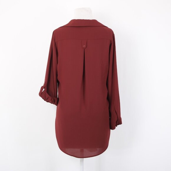 Pleione Top Sz XS Burgundy Red Collared Hi Lo Buttons 100% Polyester Top - Picture 10 of 15
